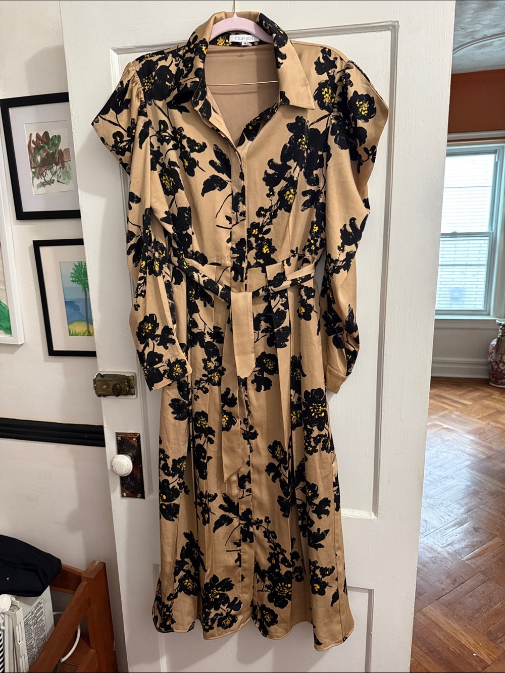 Beige Midi Shirt Dress with Black Floral Print and Tie Waist